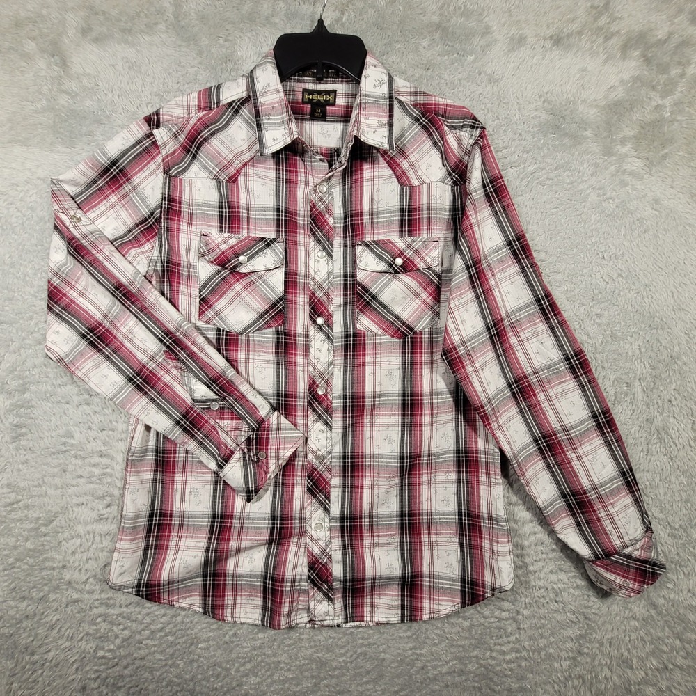 HELIX Mens Athletic Fit Plaid Western Shirt Button Down Long Sleeve Size M